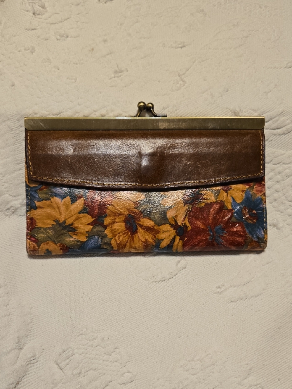 Patricia Nash Brown Floral Leather Kiss-Lock Wallet